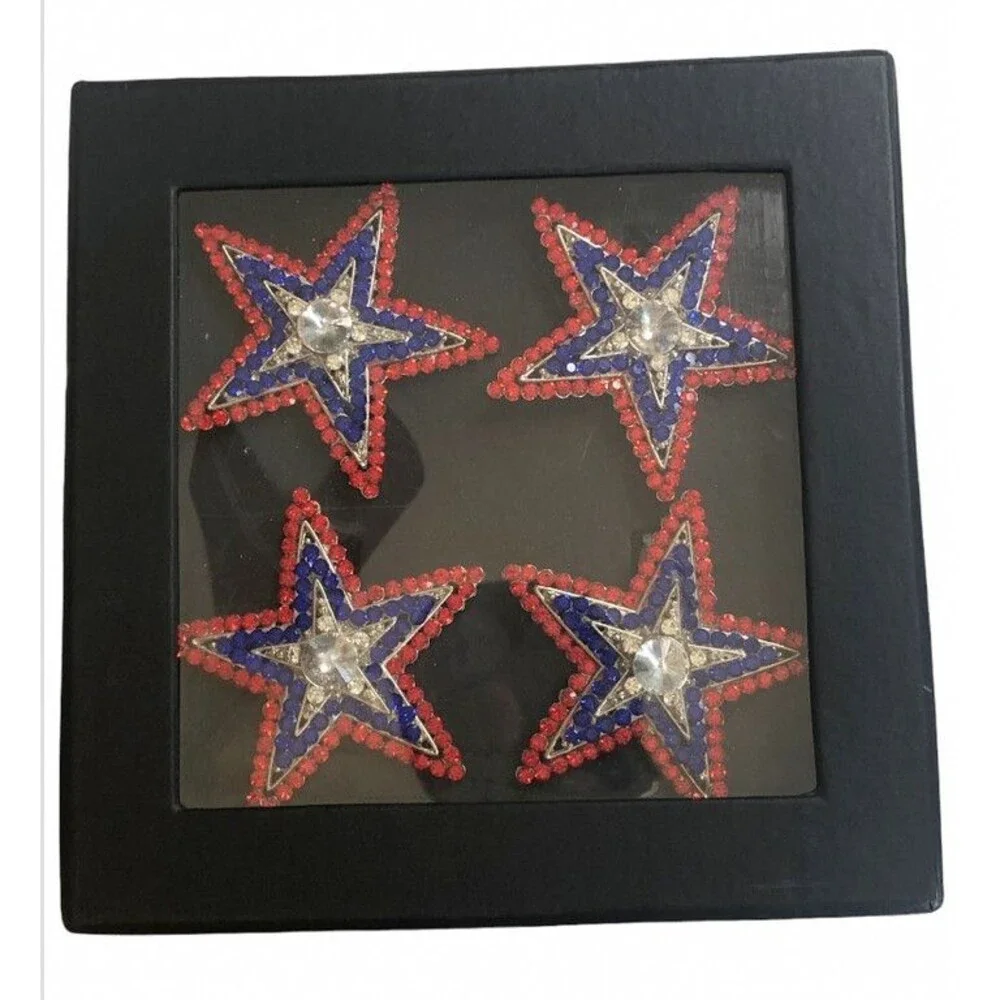 Patriotic July 4th Napkin Rings Red White Blue Silver Star Rhinestone Set of 4
